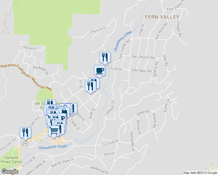 map of restaurants, bars, coffee shops, grocery stores, and more near 25625 Tahquitz Drive in Idyllwild-Pine Cove
