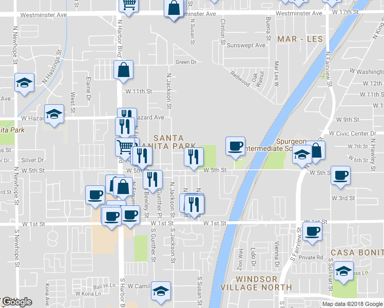 map of restaurants, bars, coffee shops, grocery stores, and more near 3322 West 7th Street in Santa Ana
