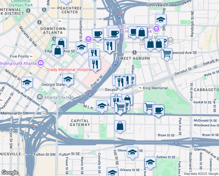 map of restaurants, bars, coffee shops, grocery stores, and more near 302 Decatur Street Southeast in Atlanta
