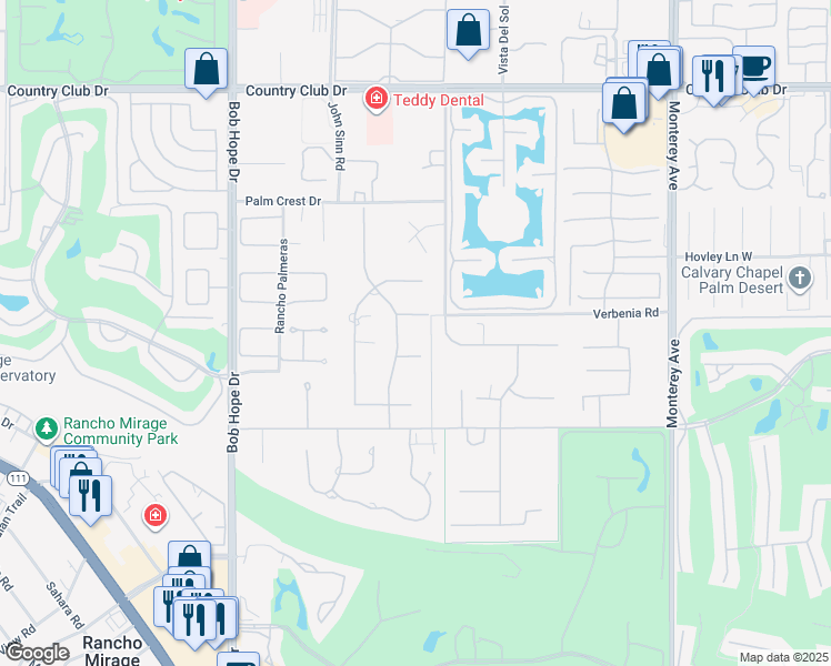 map of restaurants, bars, coffee shops, grocery stores, and more near 72470 Silver Spur Lane in Rancho Mirage