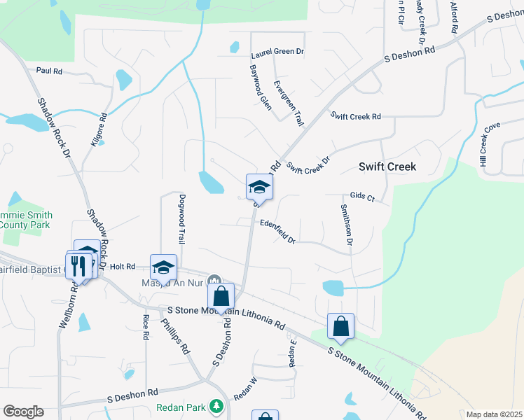map of restaurants, bars, coffee shops, grocery stores, and more near 1816 South Deshon Road in Lithonia