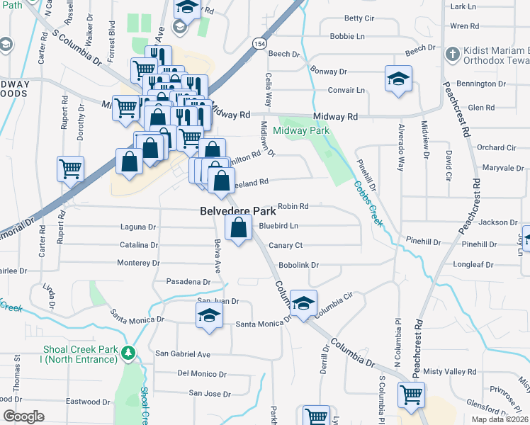 map of restaurants, bars, coffee shops, grocery stores, and more near 3107 Robin Road in Decatur