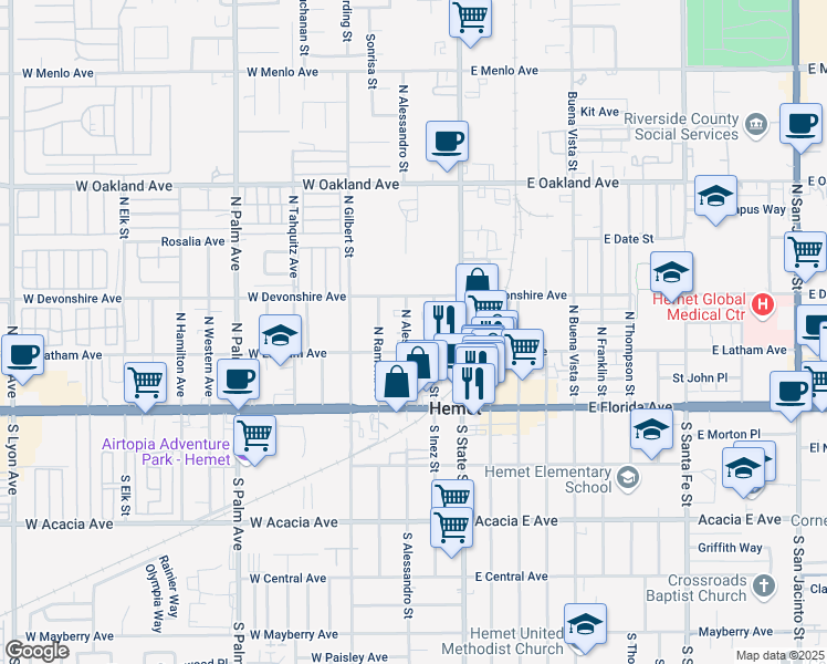 map of restaurants, bars, coffee shops, grocery stores, and more near 223 North Inez Street in Hemet