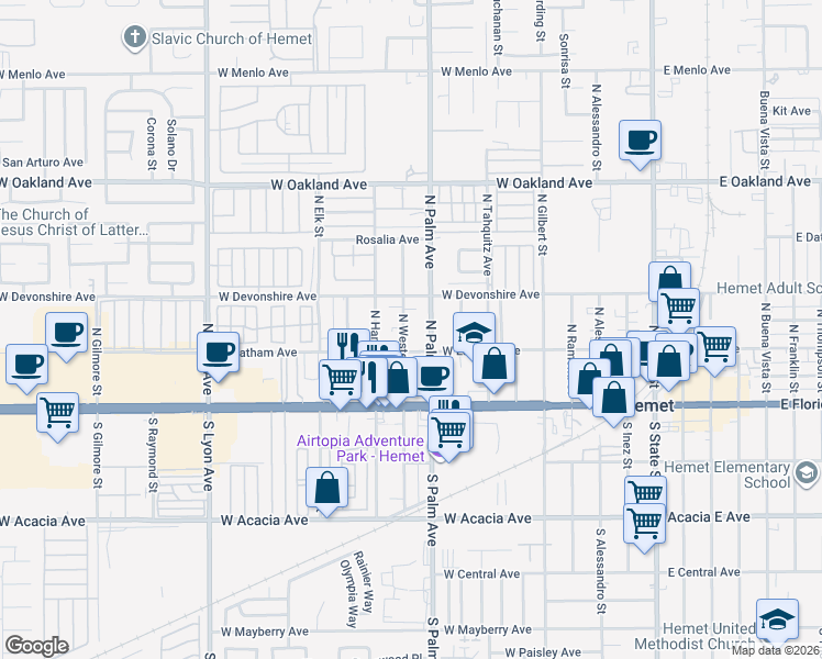 map of restaurants, bars, coffee shops, grocery stores, and more near 231 North Palm Avenue in Hemet