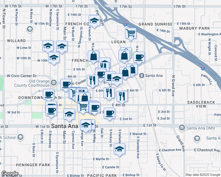 map of restaurants, bars, coffee shops, grocery stores, and more near 604 North Lacy Street in Santa Ana