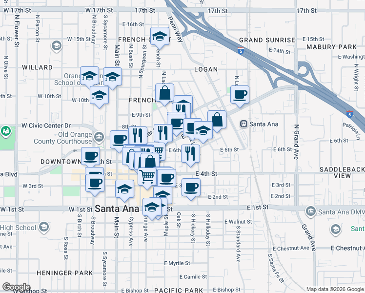 map of restaurants, bars, coffee shops, grocery stores, and more near 516 East Santa Ana Boulevard in Santa Ana