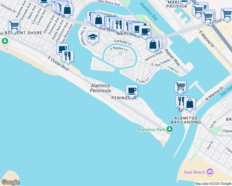 map of restaurants, bars, coffee shops, grocery stores, and more near 37 58th Place in Long Beach