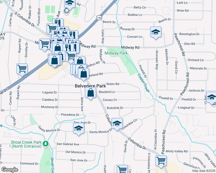map of restaurants, bars, coffee shops, grocery stores, and more near 3141 Robin Road in Decatur