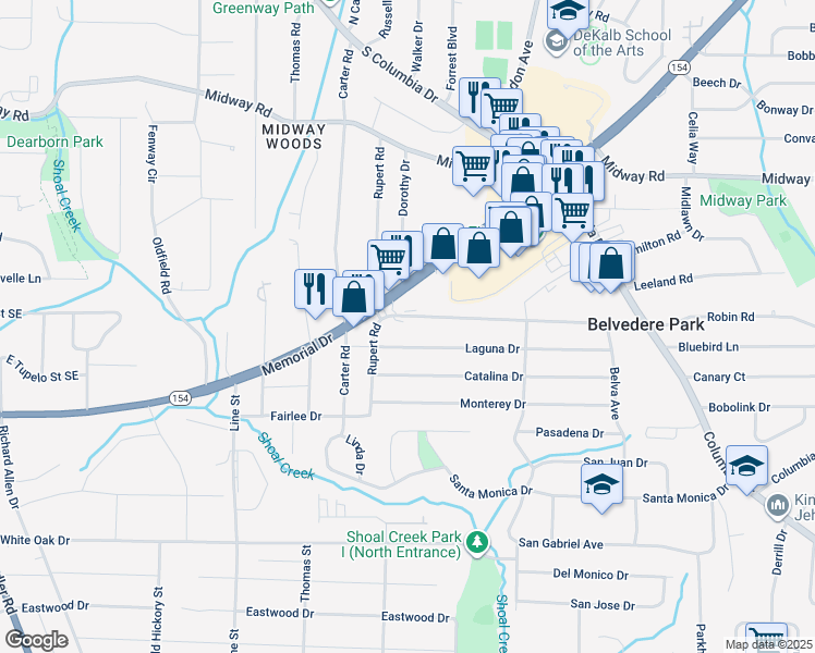 map of restaurants, bars, coffee shops, grocery stores, and more near 2863 Belvedere Lane in Decatur