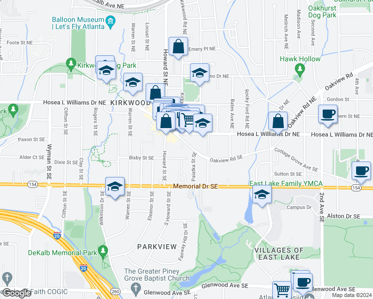 map of restaurants, bars, coffee shops, grocery stores, and more near 2027 Oakview Road Southeast in Atlanta