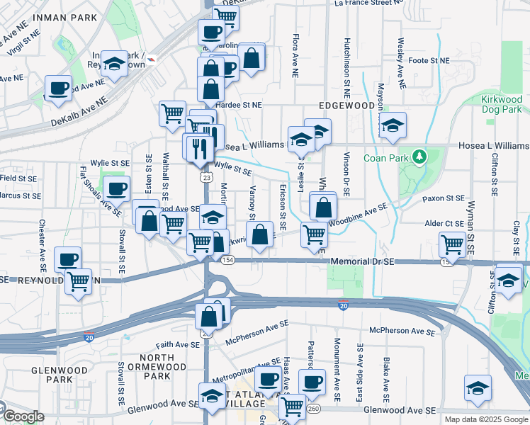 map of restaurants, bars, coffee shops, grocery stores, and more near 123 Dahlgren Street Southeast in Atlanta