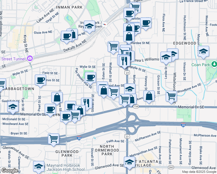 map of restaurants, bars, coffee shops, grocery stores, and more near 139 Walthall Street Southeast in Atlanta