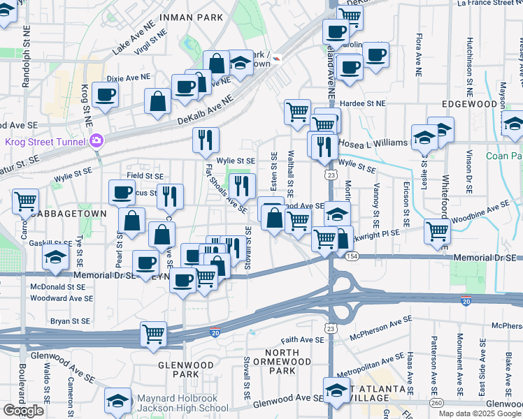map of restaurants, bars, coffee shops, grocery stores, and more near 1027 Kirkwood Avenue Southeast in Atlanta