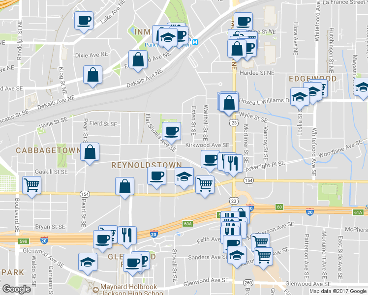 map of restaurants, bars, coffee shops, grocery stores, and more near 138 Stovall Street Southeast in Atlanta