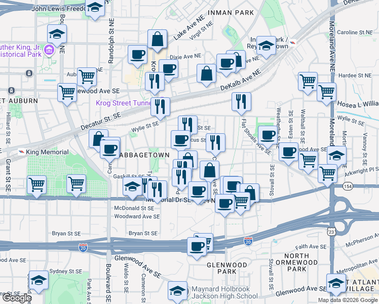 map of restaurants, bars, coffee shops, grocery stores, and more near 791 Kirkwood Avenue Southeast in Atlanta