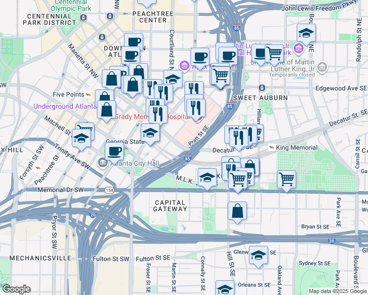 map of restaurants, bars, coffee shops, grocery stores, and more near 197 Decatur Street Southeast in Atlanta