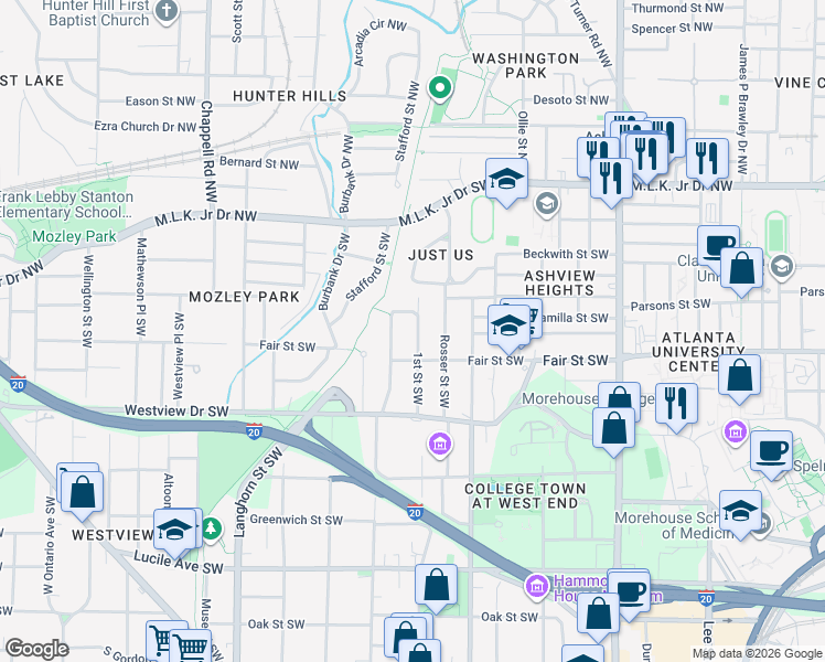 map of restaurants, bars, coffee shops, grocery stores, and more near 174 Holderness Street Southwest in Atlanta