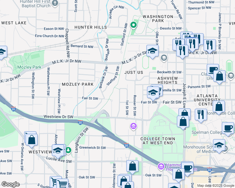 map of restaurants, bars, coffee shops, grocery stores, and more near 174 Holderness Street Southwest in Atlanta