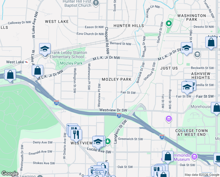 map of restaurants, bars, coffee shops, grocery stores, and more near 1405 Mims Street Southwest in Atlanta