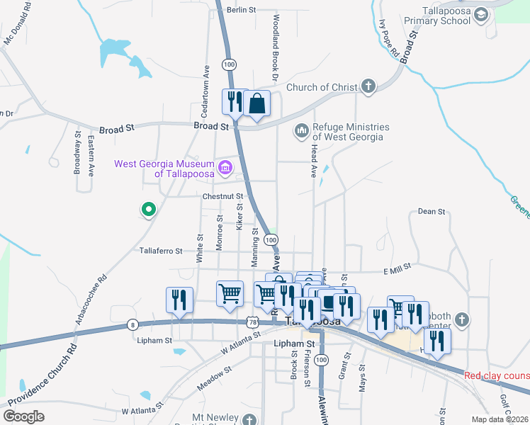 map of restaurants, bars, coffee shops, grocery stores, and more near 295 Bowdon Street in Tallapoosa