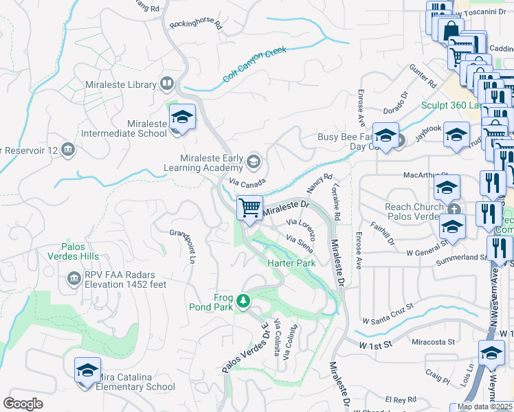 map of restaurants, bars, coffee shops, grocery stores, and more near 4020 Miraleste Drive in Rancho Palos Verdes