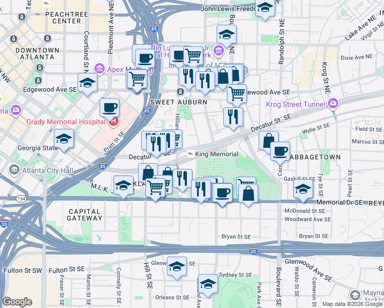 map of restaurants, bars, coffee shops, grocery stores, and more near 377 Decatur Street Southeast in Atlanta