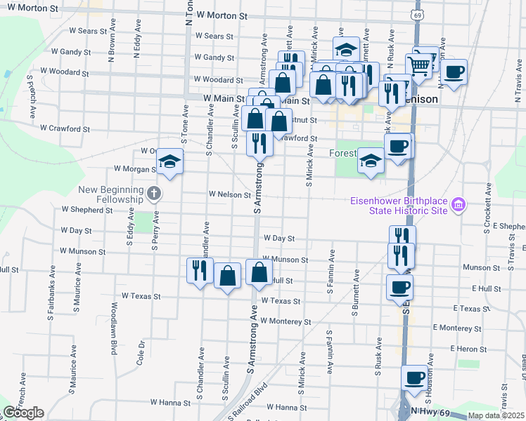 map of restaurants, bars, coffee shops, grocery stores, and more near 620 South Armstrong Avenue in Denison