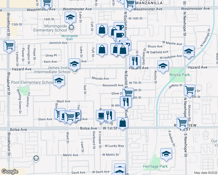 map of restaurants, bars, coffee shops, grocery stores, and more near 5412 Roosevelt Avenue in Santa Ana