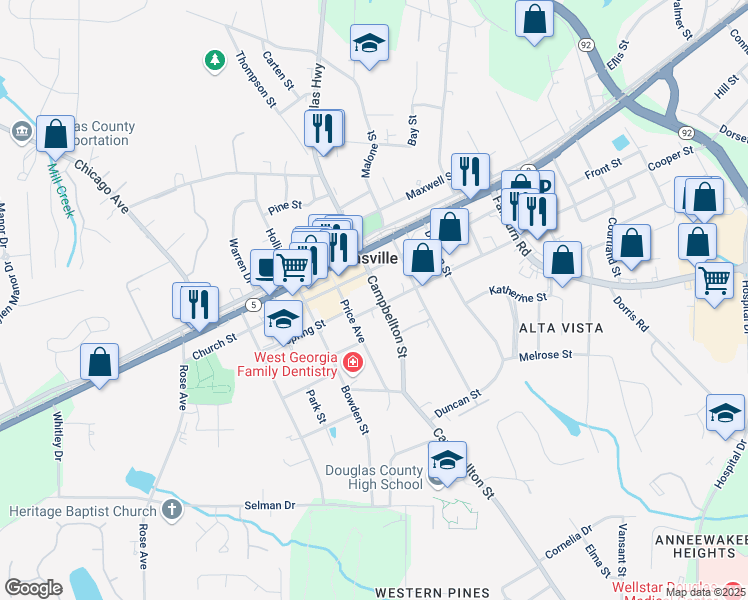map of restaurants, bars, coffee shops, grocery stores, and more near 8463 Campbellton Street in Douglasville