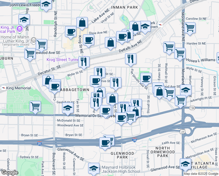 map of restaurants, bars, coffee shops, grocery stores, and more near 835 Kirkwood Avenue Southeast in Atlanta