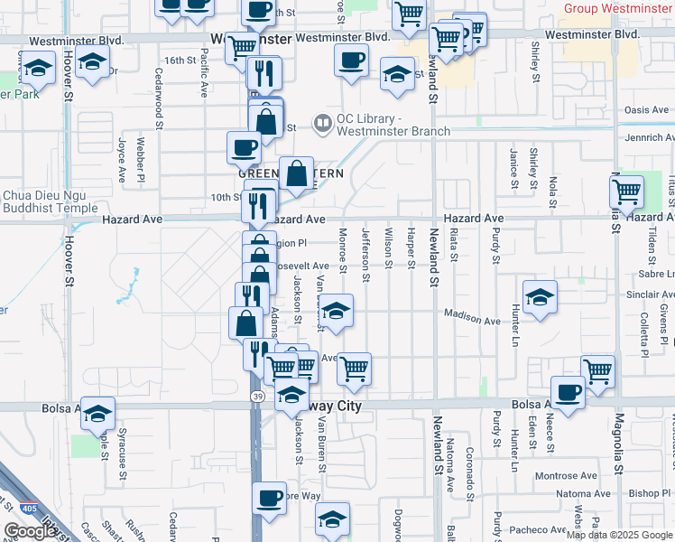 map of restaurants, bars, coffee shops, grocery stores, and more near 8222 Roosevelt Avenue in Midway City