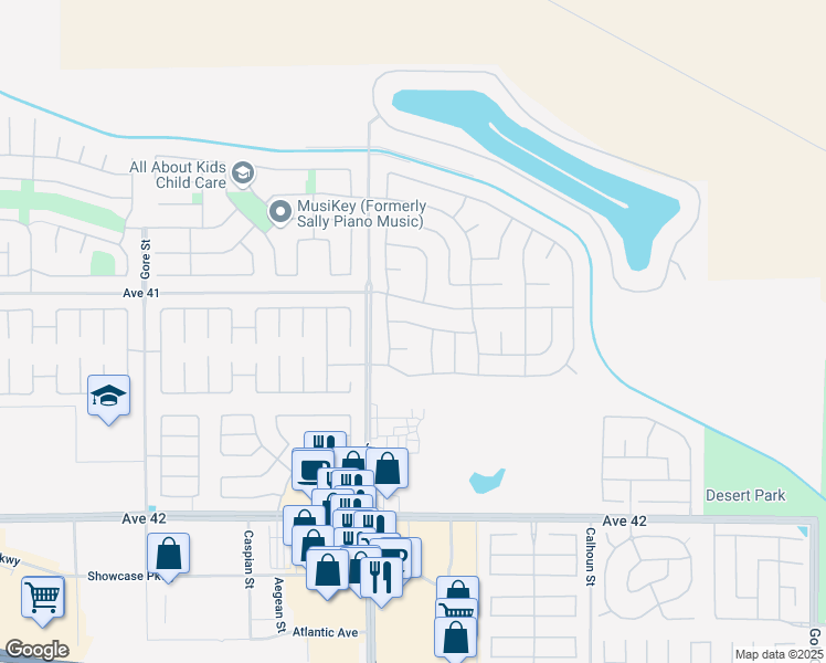 map of restaurants, bars, coffee shops, grocery stores, and more near 83099 Prairie Dunes Way in Indio