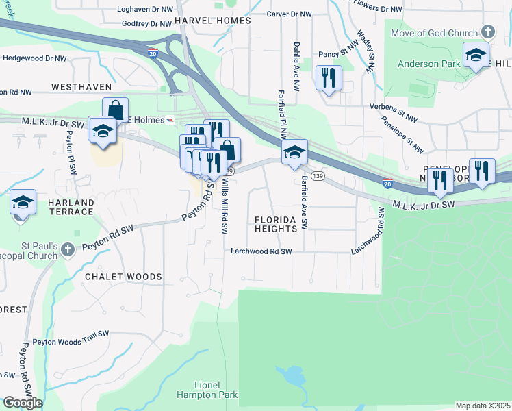 map of restaurants, bars, coffee shops, grocery stores, and more near 212 Silver Springs Circle Southwest in Atlanta