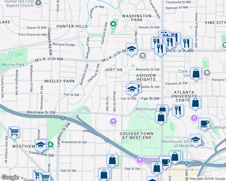 map of restaurants, bars, coffee shops, grocery stores, and more near 175 Rosser Street Southwest in Atlanta