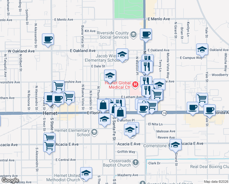 map of restaurants, bars, coffee shops, grocery stores, and more near 226 North Santa Fe Street in Hemet