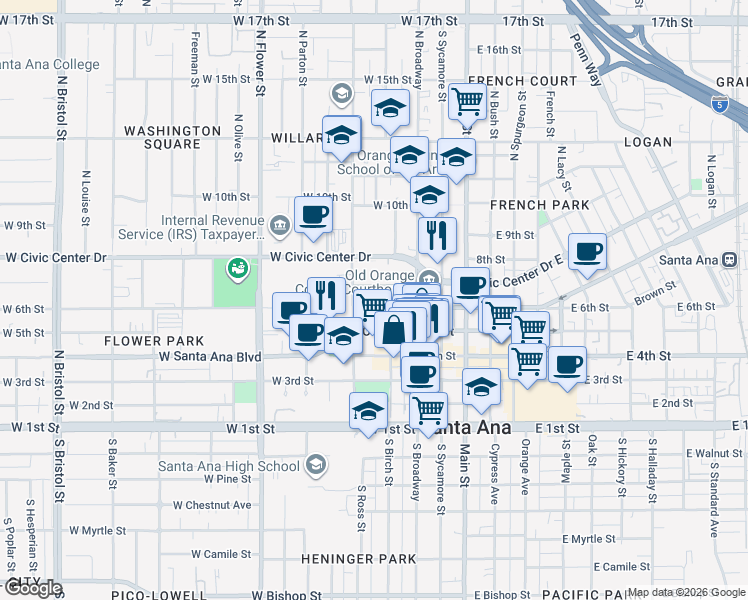 map of restaurants, bars, coffee shops, grocery stores, and more near 601n North Ross Street in Santa Ana