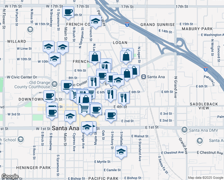 map of restaurants, bars, coffee shops, grocery stores, and more near 604 N Lacy St in Santa Ana