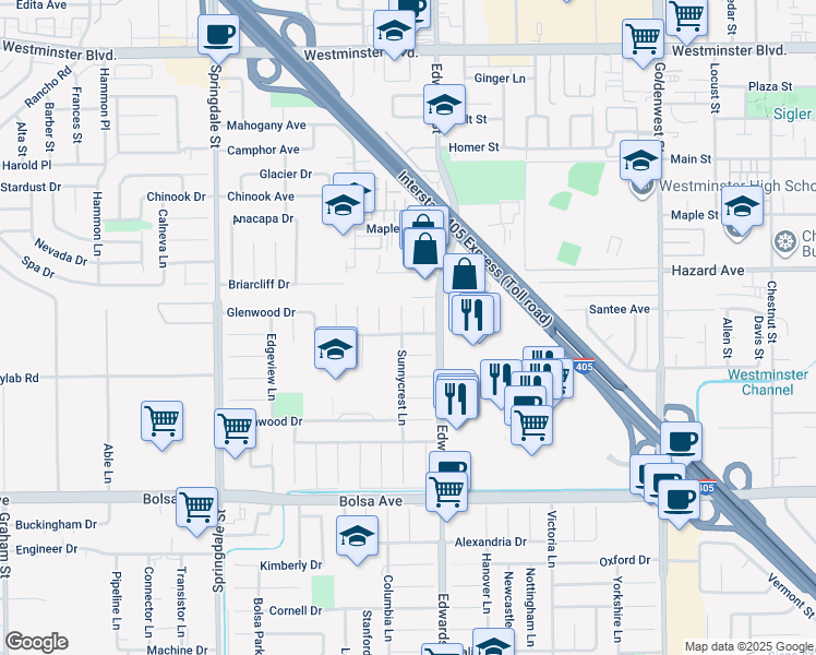 map of restaurants, bars, coffee shops, grocery stores, and more near 6401 Royal Oak Drive in Huntington Beach