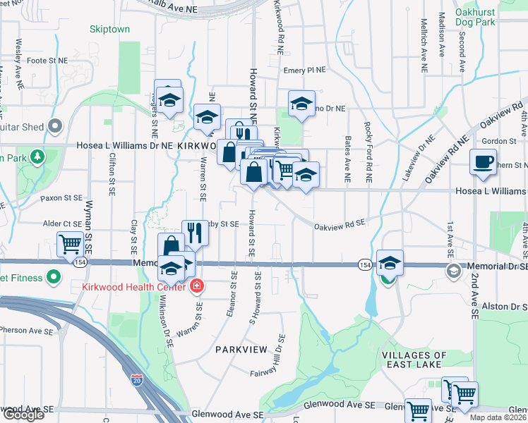 map of restaurants, bars, coffee shops, grocery stores, and more near 86 Howard Street Northeast in Atlanta