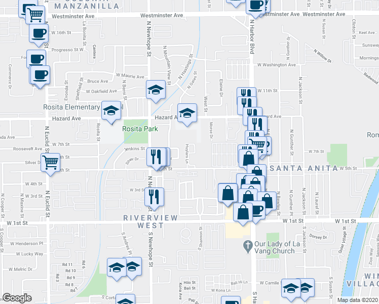 map of restaurants, bars, coffee shops, grocery stores, and more near 43 Huylars Lane in Santa Ana