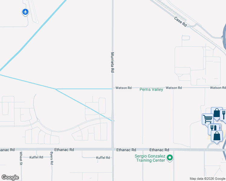 map of restaurants, bars, coffee shops, grocery stores, and more near Murrieta Road in Perris