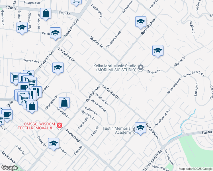 map of restaurants, bars, coffee shops, grocery stores, and more near 1531 La Colina Drive in Santa Ana