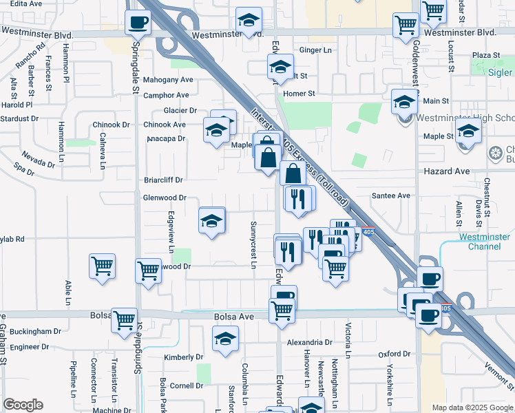 map of restaurants, bars, coffee shops, grocery stores, and more near 6401 Royal Oak Drive in Huntington Beach