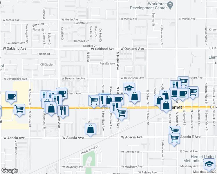 map of restaurants, bars, coffee shops, grocery stores, and more near 227 North Western Avenue in Hemet
