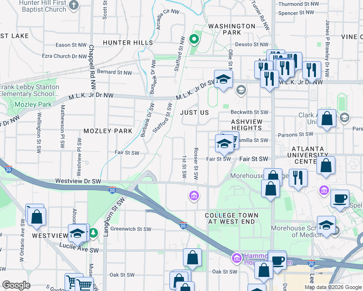 map of restaurants, bars, coffee shops, grocery stores, and more near 174 Holderness Street Southwest in Atlanta