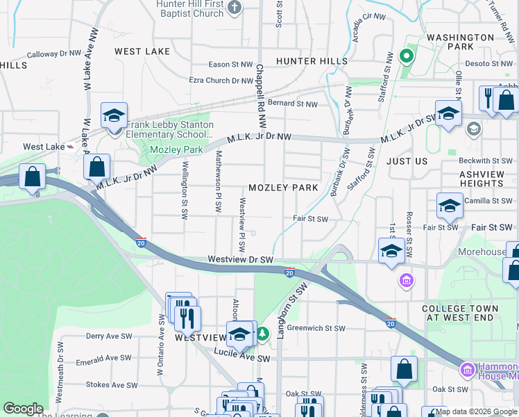 map of restaurants, bars, coffee shops, grocery stores, and more near 1405 Mims Street Southwest in Atlanta