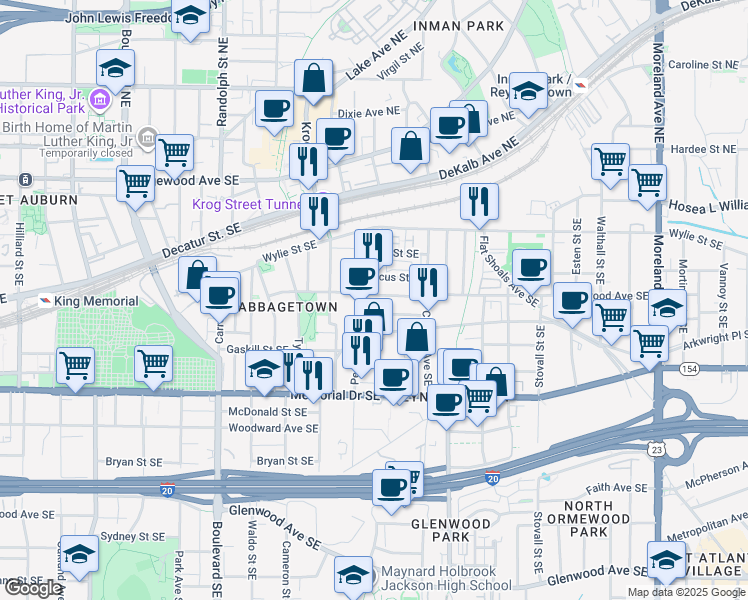 map of restaurants, bars, coffee shops, grocery stores, and more near 791 Kirkwood Avenue Southeast in Atlanta