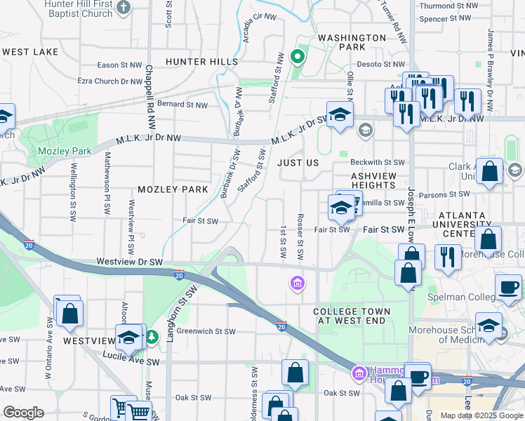 map of restaurants, bars, coffee shops, grocery stores, and more near 174 Holderness Street Southwest in Atlanta