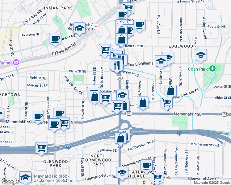map of restaurants, bars, coffee shops, grocery stores, and more near 1145 Kirkwood Avenue Southeast in Atlanta