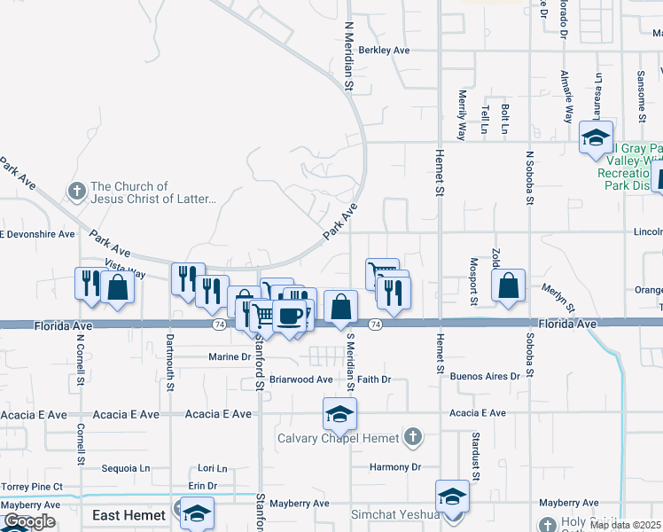 map of restaurants, bars, coffee shops, grocery stores, and more near 4043 Woodland Drive in Hemet
